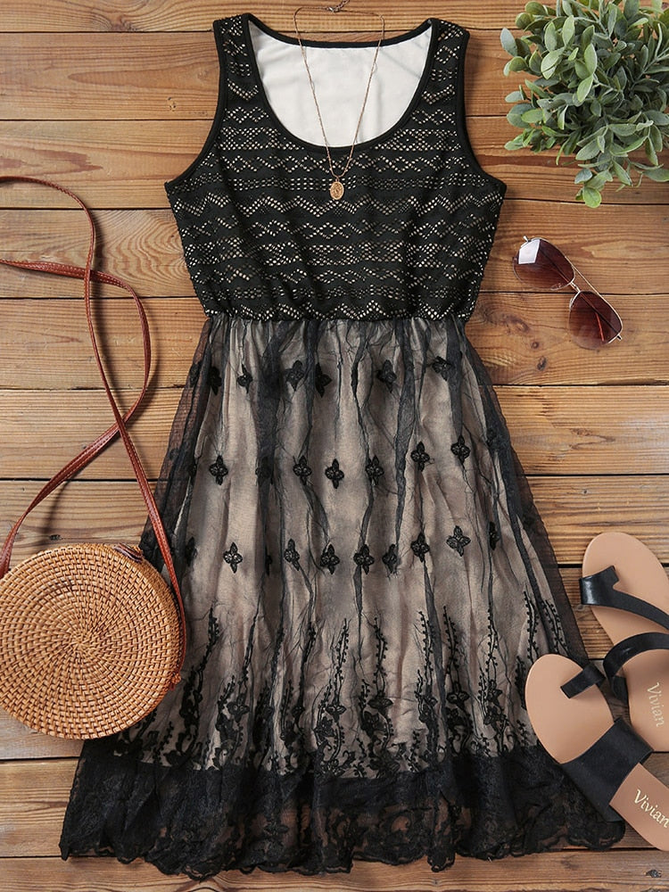 Women's Lace Skirt Geometric Print Patchwork Sundress Summer Casual Sleeveless Black Vintage Lace Gauze Mini Dress 2023 New