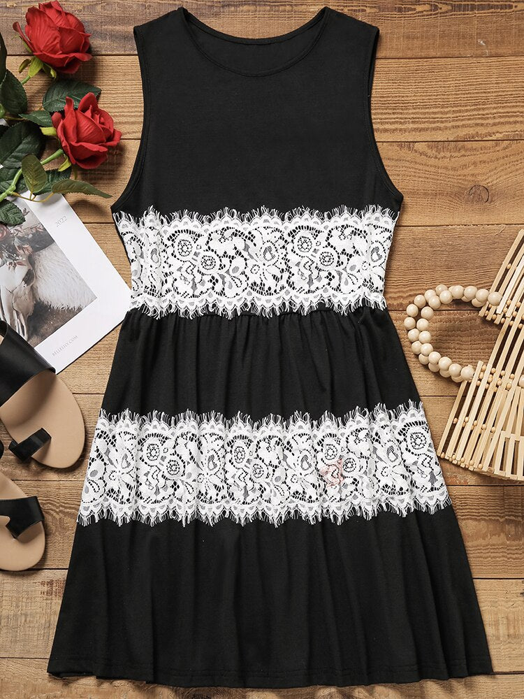 Women's Color Block Lace Patchwork Ruffled Mini Dress 2023 Casual Summer O-Neck Loose Fit Sleeveless Flowy Shift Dress New
