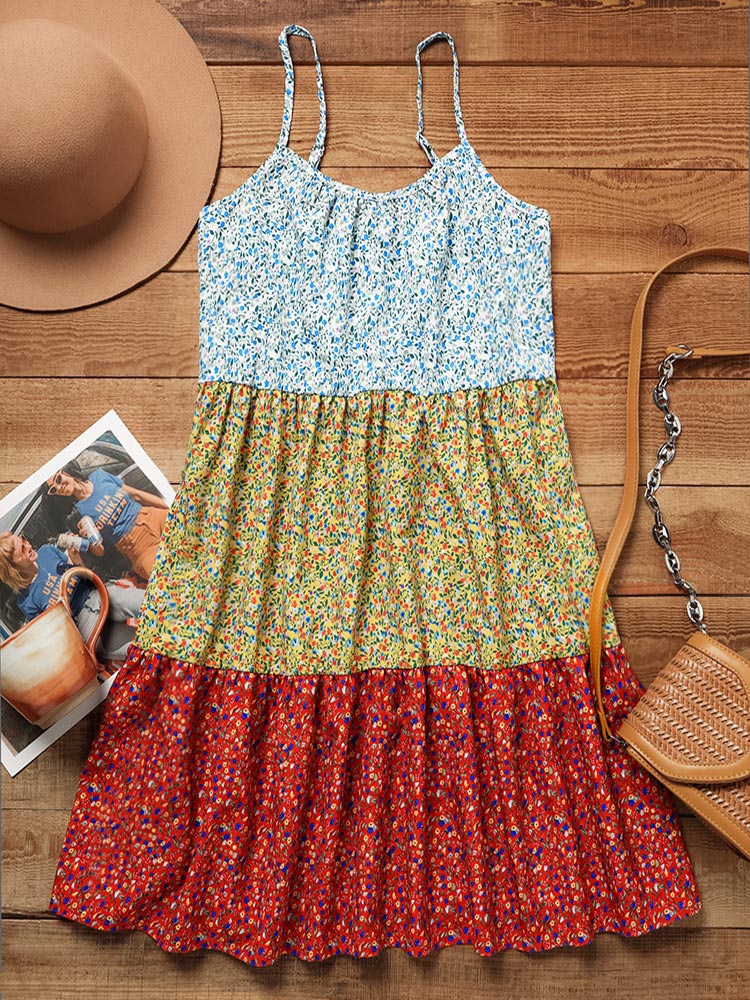 Women's Ditsy Floral Color Block Spaghetti Strap Ruffle Mini Dress A Line Flare Cami Short Beach Dresses Summer Casual Sundress