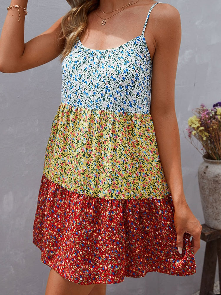 Women's Ditsy Floral Color Block Spaghetti Strap Ruffle Mini Dress A Line Flare Cami Short Beach Dresses Summer Casual Sundress