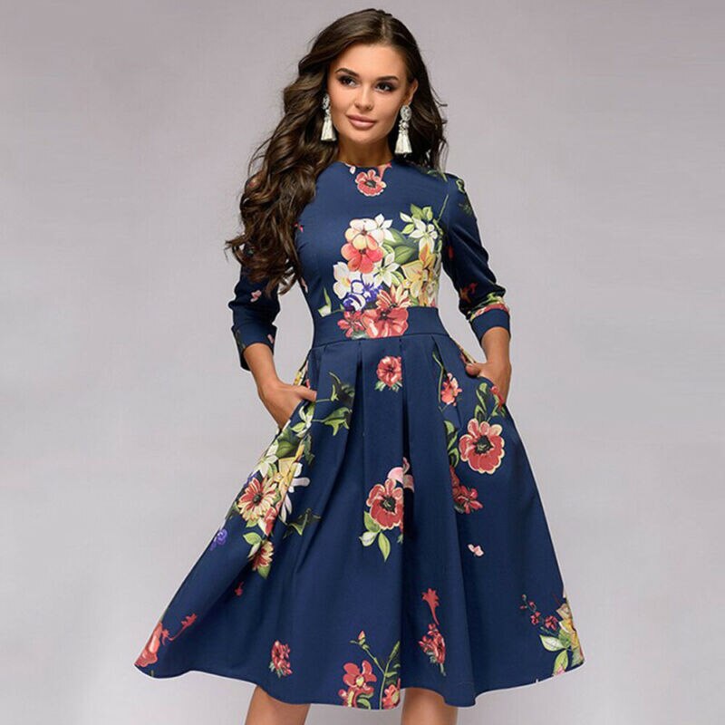Eleghant Women Tunic Floral Dresses High Waist A-Line Dress Vintage Ladies O-Neck 3/4 Sleeved Pleated Flowers Autumn Dress