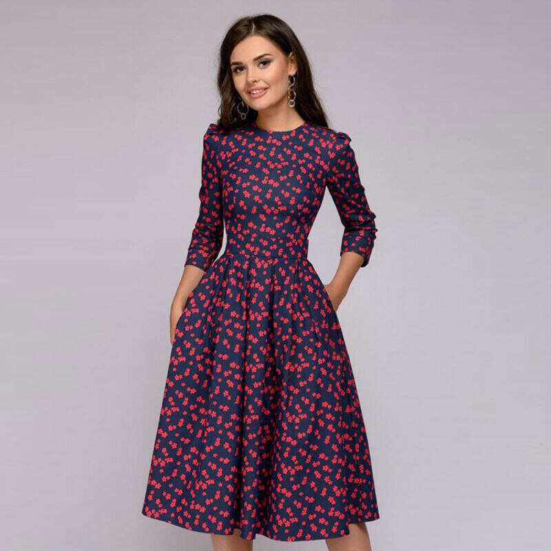 Eleghant Women Tunic Floral Dresses High Waist A-Line Dress Vintage Ladies O-Neck 3/4 Sleeved Pleated Flowers Autumn Dress