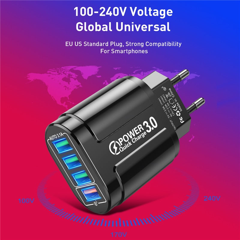 USLION 48W USB Charger Fast Charge QC 3.0 Wall Charging For iPhone 14 13 Samsung Xiaomi Mobile 4 Ports EU US Plug Adapter Travel