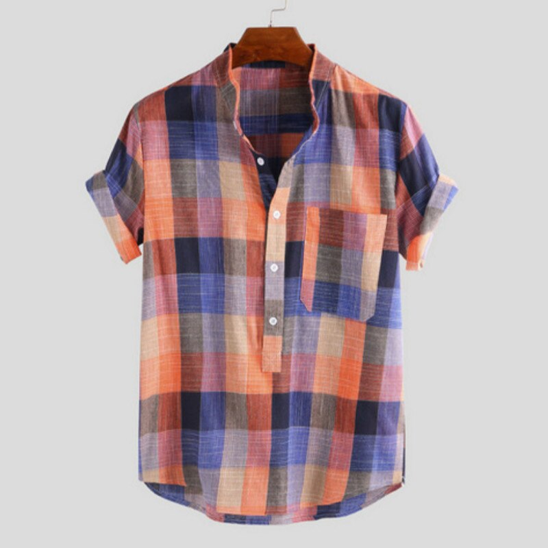 Retro Men's Shorts Sleeve Shirts Mandarin Collar Casual Pullover Half Button Loose Plaid Comfy Shirt For Summer with Pocket