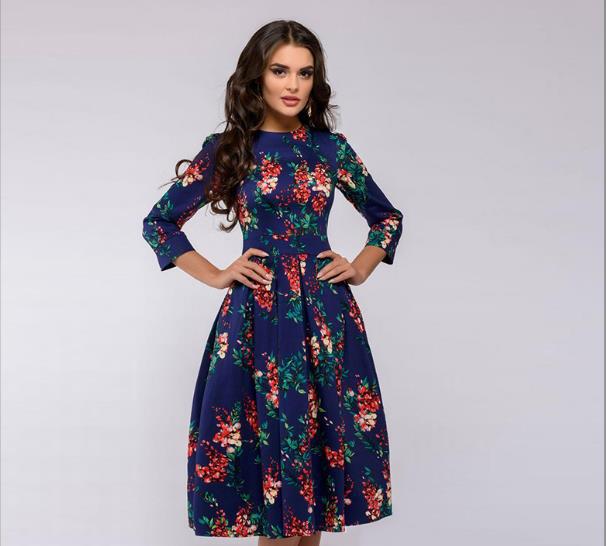 Eleghant Women Tunic Floral Dresses High Waist A-Line Dress Vintage Ladies O-Neck 3/4 Sleeved Pleated Flowers Autumn Dress