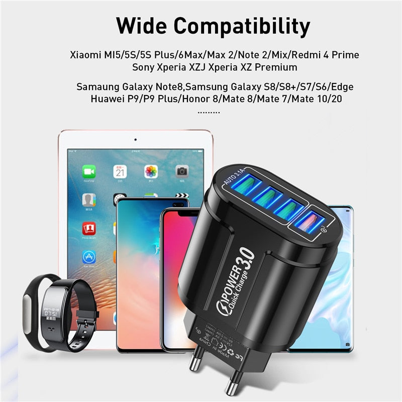 USLION 48W USB Charger Fast Charge QC 3.0 Wall Charging For iPhone 14 13 Samsung Xiaomi Mobile 4 Ports EU US Plug Adapter Travel