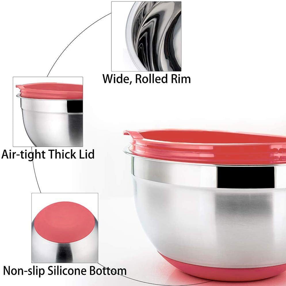 Colorful 304 Stainless Steel Salad Bowl With Lid Non-slip Silicone Bottom Kitchen Egg Mixing Bowls Set For Cooking Baking