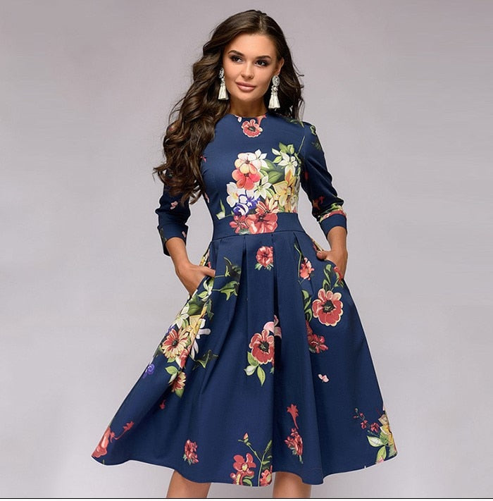 Eleghant Women Tunic Floral Dresses High Waist A-Line Dress Vintage Ladies O-Neck 3/4 Sleeved Pleated Flowers Autumn Dress