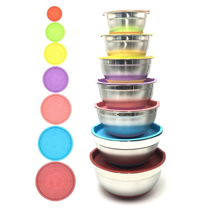 Colorful 304 Stainless Steel Salad Bowl With Lid Non-slip Silicone Bottom Kitchen Egg Mixing Bowls Set For Cooking Baking