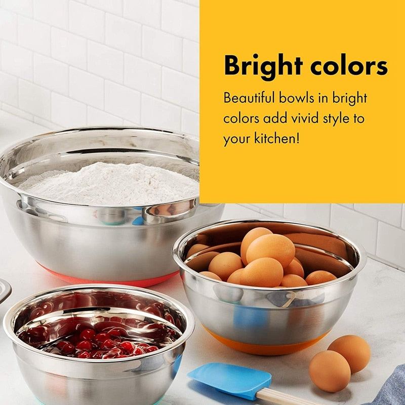 Colorful 304 Stainless Steel Salad Bowl With Lid Non-slip Silicone Bottom Kitchen Egg Mixing Bowls Set For Cooking Baking