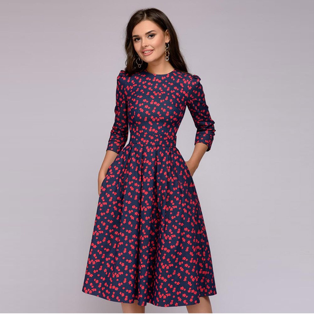 Eleghant Women Tunic Floral Dresses High Waist A-Line Dress Vintage Ladies O-Neck 3/4 Sleeved Pleated Flowers Autumn Dress