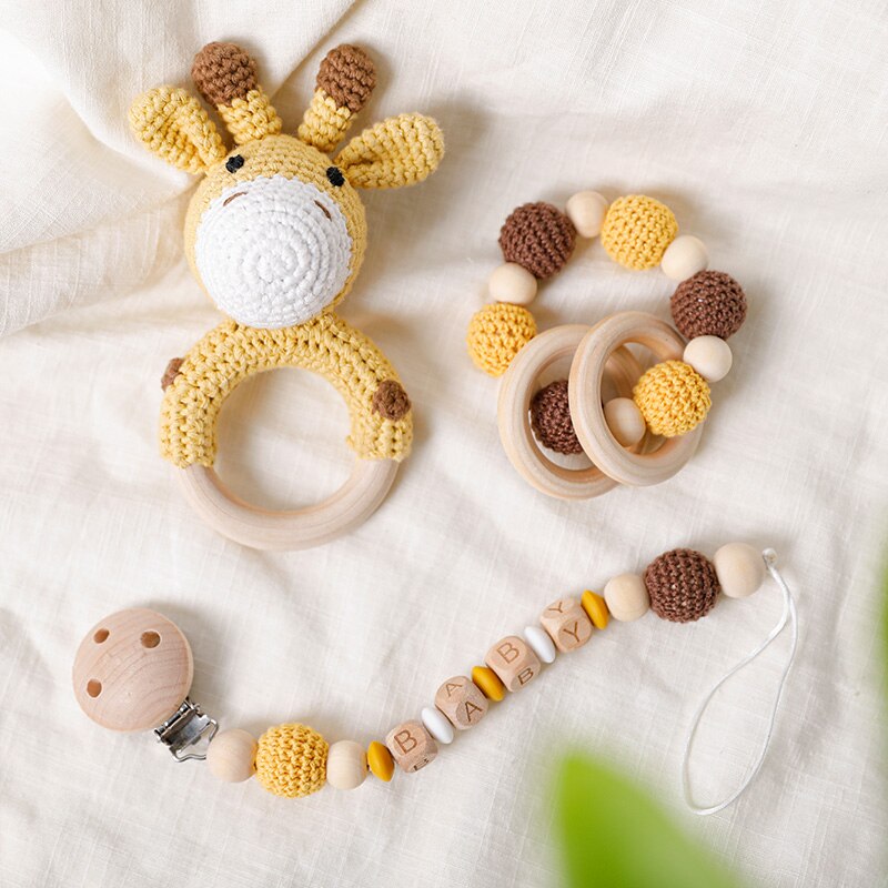 Baby Teether 1pc Animal Crochet Wooden Ring Rattle Wooden Teether For Baby Products DIY Crafts Teething Rattle Amigurumi Toys