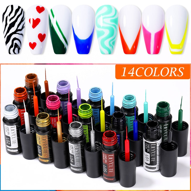 LILYCUTE 5ml Nail Art Line Polish Gel Kit 14 Colors For UV/LED Paint Nails Drawing Polish DIY Painting Varnish Liner Gel Tool