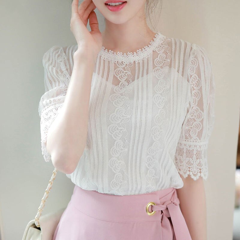 Women's Spring Summer Style Lace Blouses Shirt Women's Hollow Out Solid Color O-neck Half Sleeve Elegant Temperament Tops DD8625