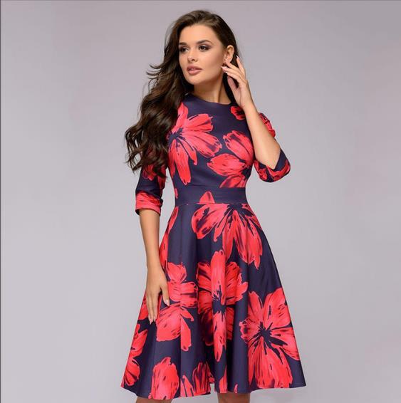 Eleghant Women Tunic Floral Dresses High Waist A-Line Dress Vintage Ladies O-Neck 3/4 Sleeved Pleated Flowers Autumn Dress
