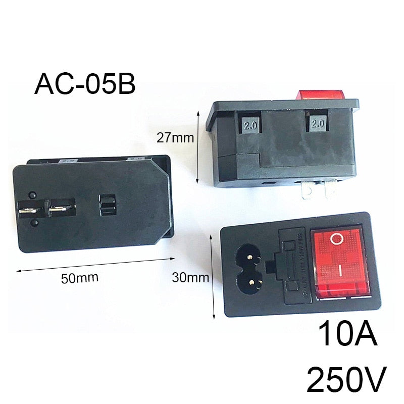 2 3 Pin IEC320 C14 Electrical Power Socket LED 250V Rocker Switch Brass 10A C6 Fuse Inlet Plug Connector Computer Mount Outlet