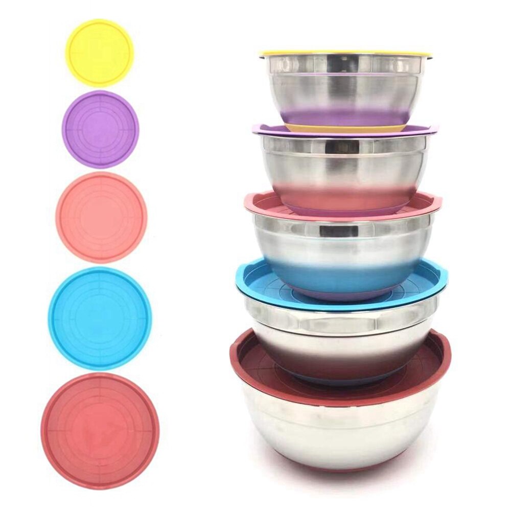 Colorful 304 Stainless Steel Salad Bowl With Lid Non-slip Silicone Bottom Kitchen Egg Mixing Bowls Set For Cooking Baking