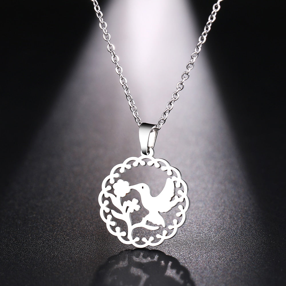 DOTIFI Stainless Steel Necklace For Women Man Bird Kissing Flower Gold Color Pendant Necklace Engagement Jewelry