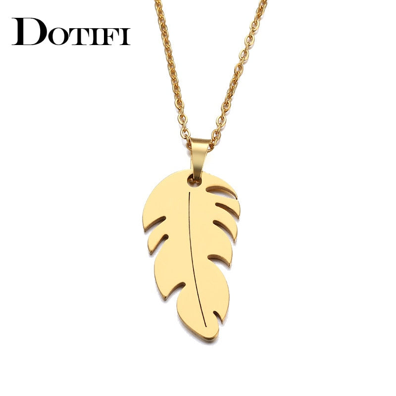 DOTIFI Stainless Steel Necklace For Women Man Lover's Feather Gold And Rose Gold Color Pendant Necklace Engagement Jewelry