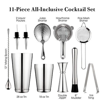 Cocktail Shaker Bar Set: 2 Weighted Boston Shakers, Cocktail Strainer Set,Jigger,Muddler and Spoon, Ice Tong and 2 Bottle Pourer