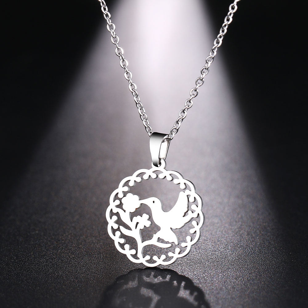 DOTIFI Stainless Steel Necklace For Women Man Bird Kissing Flower Gold Color Pendant Necklace Engagement Jewelry