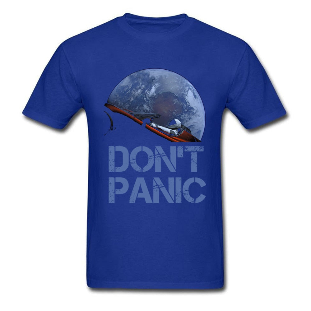 Novelty Occupy Earth SpaceX Starman T Shirt Man 100% Cotton Elon Musk Space X T-Shirt Summer Camiseta Mens Tshirt Don't Panic