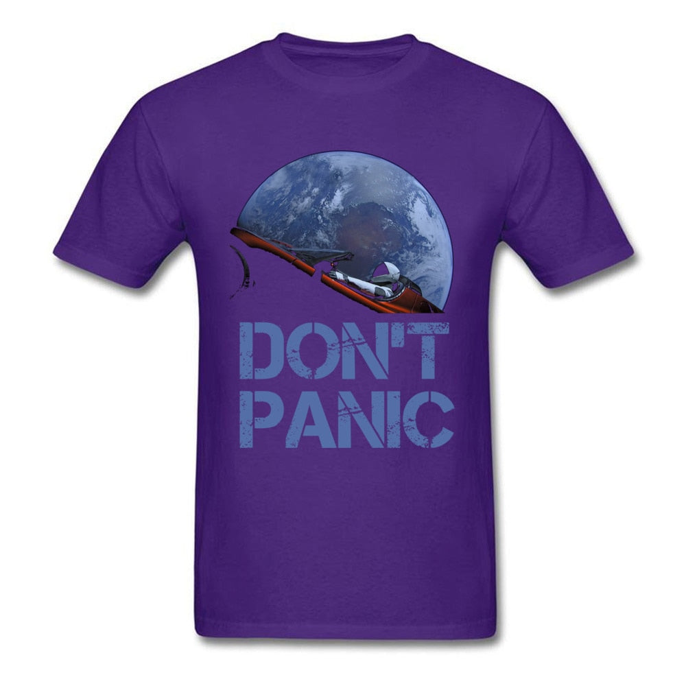 Novelty Occupy Earth SpaceX Starman T Shirt Man 100% Cotton Elon Musk Space X T-Shirt Summer Camiseta Mens Tshirt Don't Panic