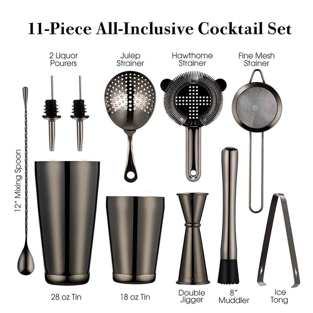 Cocktail Shaker Bar Set: 2 Weighted Boston Shakers, Cocktail Strainer Set,Jigger,Muddler and Spoon, Ice Tong and 2 Bottle Pourer
