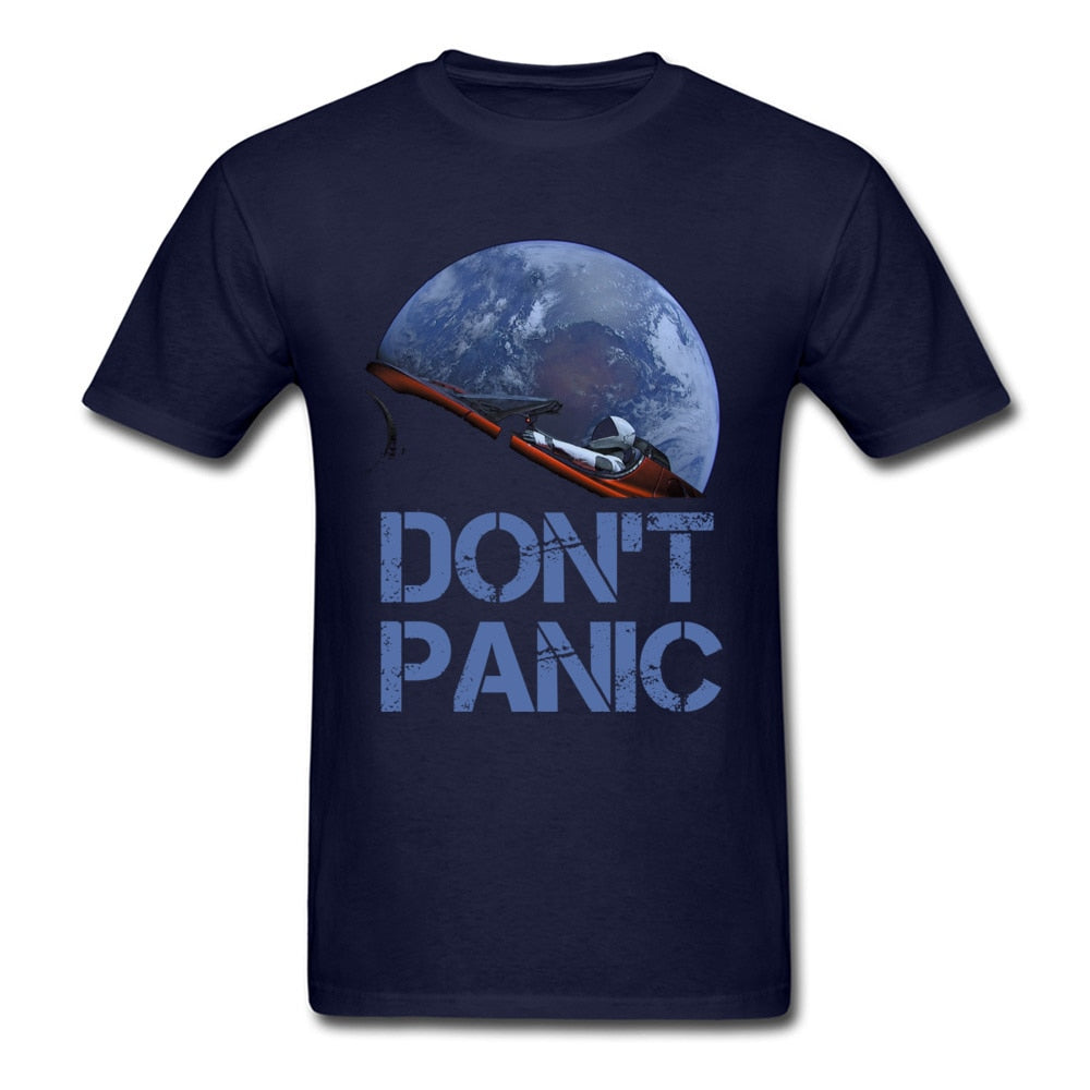 Novelty Occupy Earth SpaceX Starman T Shirt Man 100% Cotton Elon Musk Space X T-Shirt Summer Camiseta Mens Tshirt Don't Panic