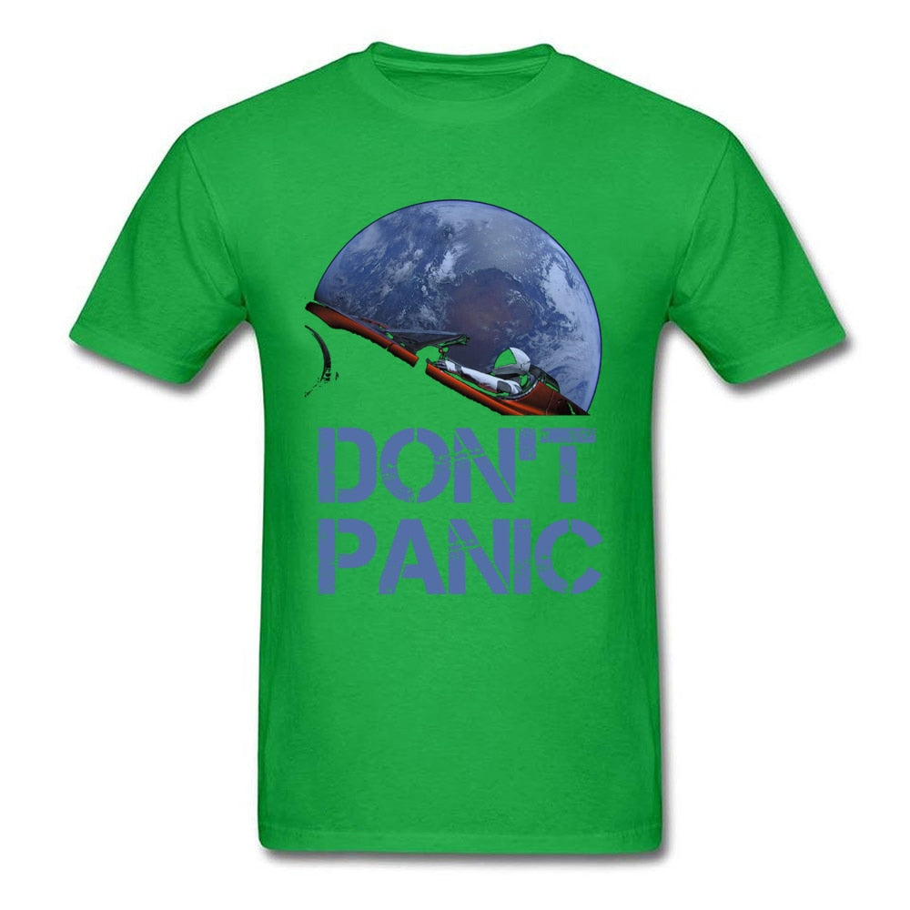 Novelty Occupy Earth SpaceX Starman T Shirt Man 100% Cotton Elon Musk Space X T-Shirt Summer Camiseta Mens Tshirt Don't Panic