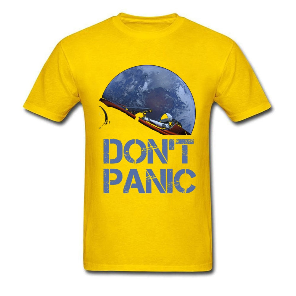 Novelty Occupy Earth SpaceX Starman T Shirt Man 100% Cotton Elon Musk Space X T-Shirt Summer Camiseta Mens Tshirt Don't Panic