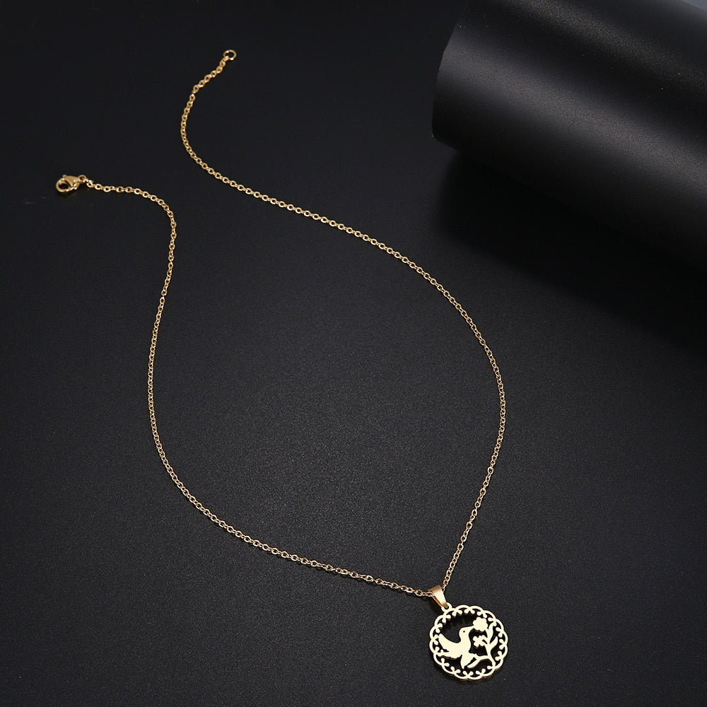 DOTIFI Stainless Steel Necklace For Women Man Bird Kissing Flower Gold Color Pendant Necklace Engagement Jewelry