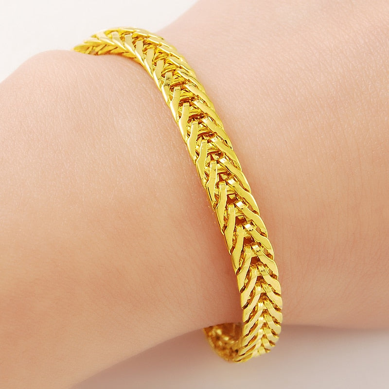 Wholesale Pure Gold Color 6.5MM Width Bracelet For Men 20CM.Fashion Original 24k GP Women men's Jewelry Gift
