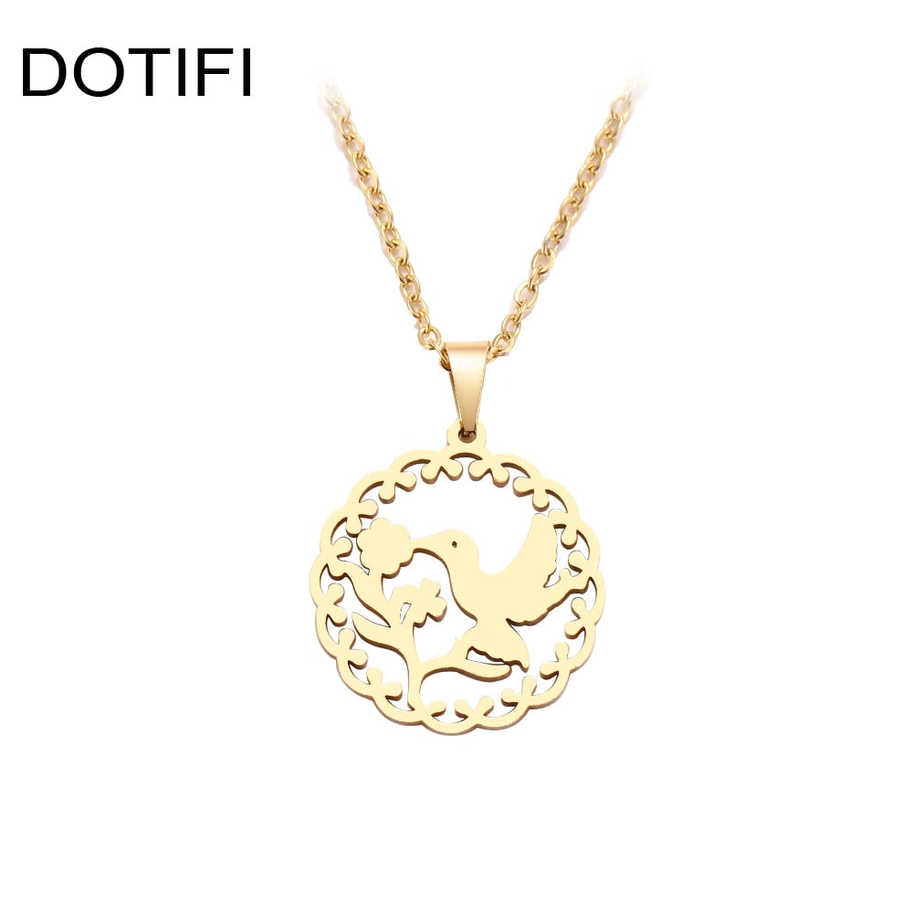 DOTIFI Stainless Steel Necklace For Women Man Bird Kissing Flower Gold Color Pendant Necklace Engagement Jewelry