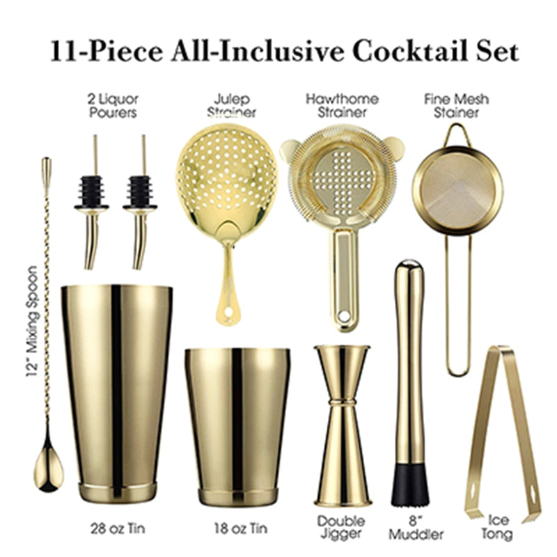 Cocktail Shaker Bar Set: 2 Weighted Boston Shakers, Cocktail Strainer Set,Jigger,Muddler and Spoon, Ice Tong and 2 Bottle Pourer