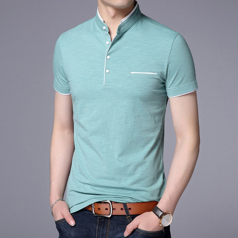 Liseaven Men Mandarin Collar T-Shirt basic tshirt male short sleeve shirt Brand New Tops&Tees Cotton T Shirt