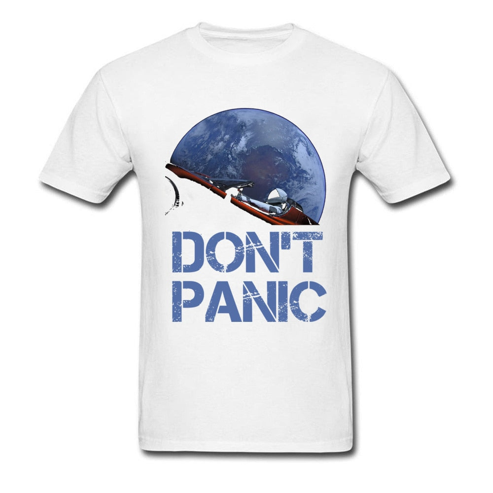 Novelty Occupy Earth SpaceX Starman T Shirt Man 100% Cotton Elon Musk Space X T-Shirt Summer Camiseta Mens Tshirt Don't Panic