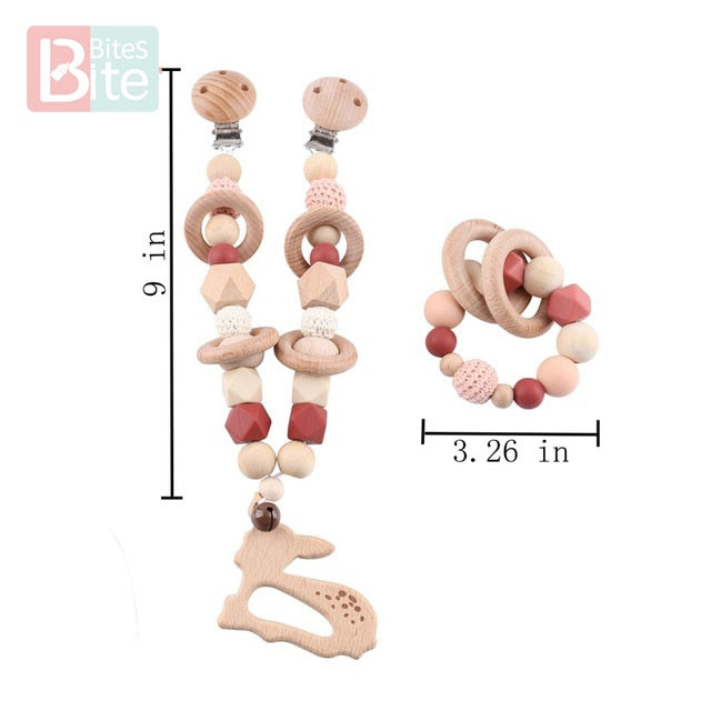 Bite Bites 1set Baby Wooden Teether Pacifier Clip Chain Beech Rodent Ring Baby Nursing Rattle Food Grade Perle Silicone Bead Toy