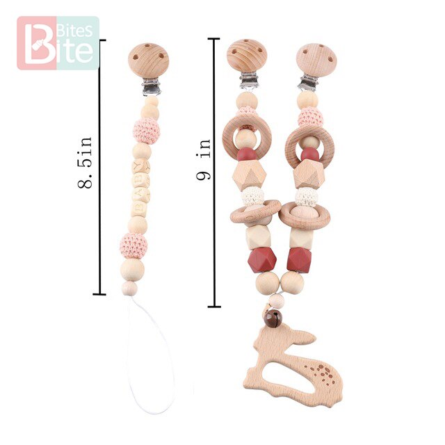 Bite Bites 1set Baby Wooden Teether Pacifier Clip Chain Beech Rodent Ring Baby Nursing Rattle Food Grade Perle Silicone Bead Toy
