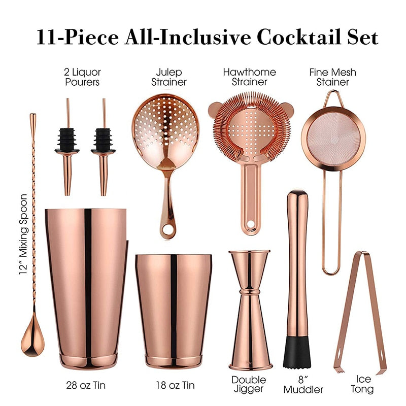 Cocktail Shaker Bar Set: 2 Weighted Boston Shakers, Cocktail Strainer Set,Jigger,Muddler and Spoon, Ice Tong and 2 Bottle Pourer