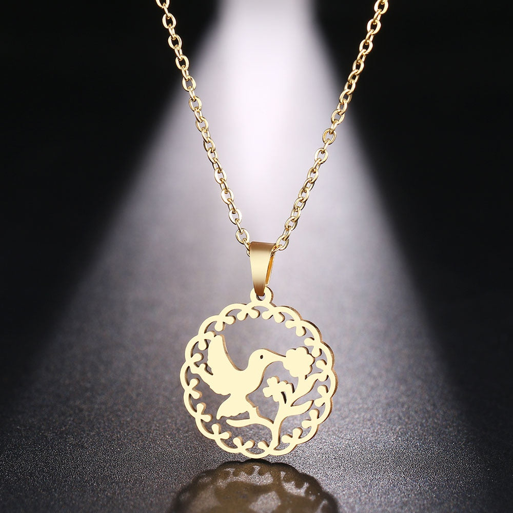 DOTIFI Stainless Steel Necklace For Women Man Bird Kissing Flower Gold Color Pendant Necklace Engagement Jewelry