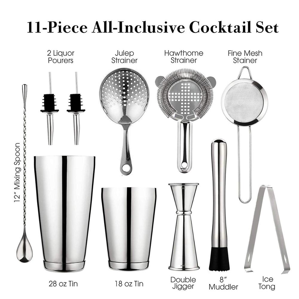 Cocktail Shaker Bar Set: 2 Weighted Boston Shakers, Cocktail Strainer Set,Jigger,Muddler and Spoon, Ice Tong and 2 Bottle Pourer