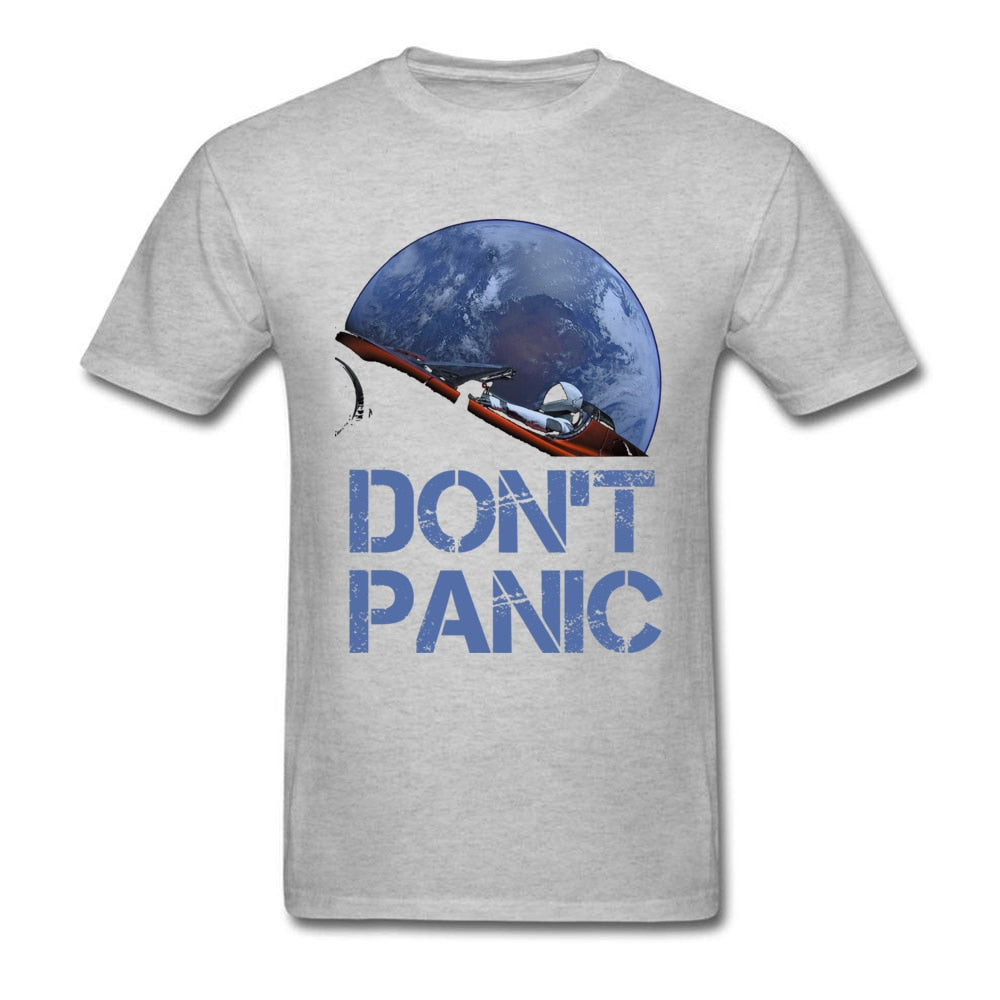 Novelty Occupy Earth SpaceX Starman T Shirt Man 100% Cotton Elon Musk Space X T-Shirt Summer Camiseta Mens Tshirt Don't Panic