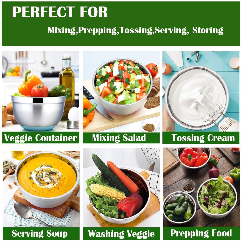 Colorful 304 Stainless Steel Salad Bowl With Lid Non-slip Silicone Bottom Kitchen Egg Mixing Bowls Set For Cooking Baking