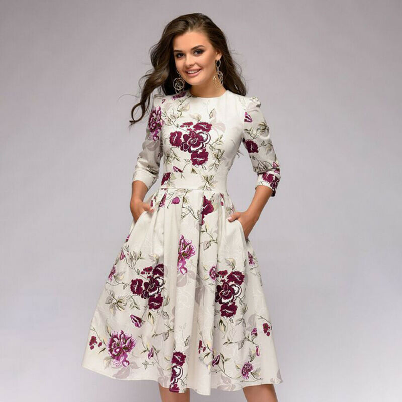 Eleghant Women Tunic Floral Dresses High Waist A-Line Dress Vintage Ladies O-Neck 3/4 Sleeved Pleated Flowers Autumn Dress