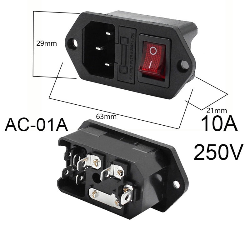 2 3 Pin IEC320 C14 Electrical Power Socket LED 250V Rocker Switch Brass 10A C6 Fuse Inlet Plug Connector Computer Mount Outlet