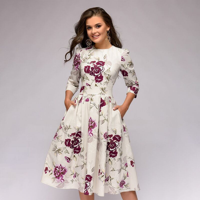 Eleghant Women Tunic Floral Dresses High Waist A-Line Dress Vintage Ladies O-Neck 3/4 Sleeved Pleated Flowers Autumn Dress