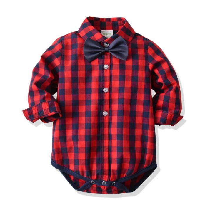 2023 Classic plaid bodysuit for baby wearing 1-2-3 birthday party gentleman baby store body boy costume funny tie baby clothes