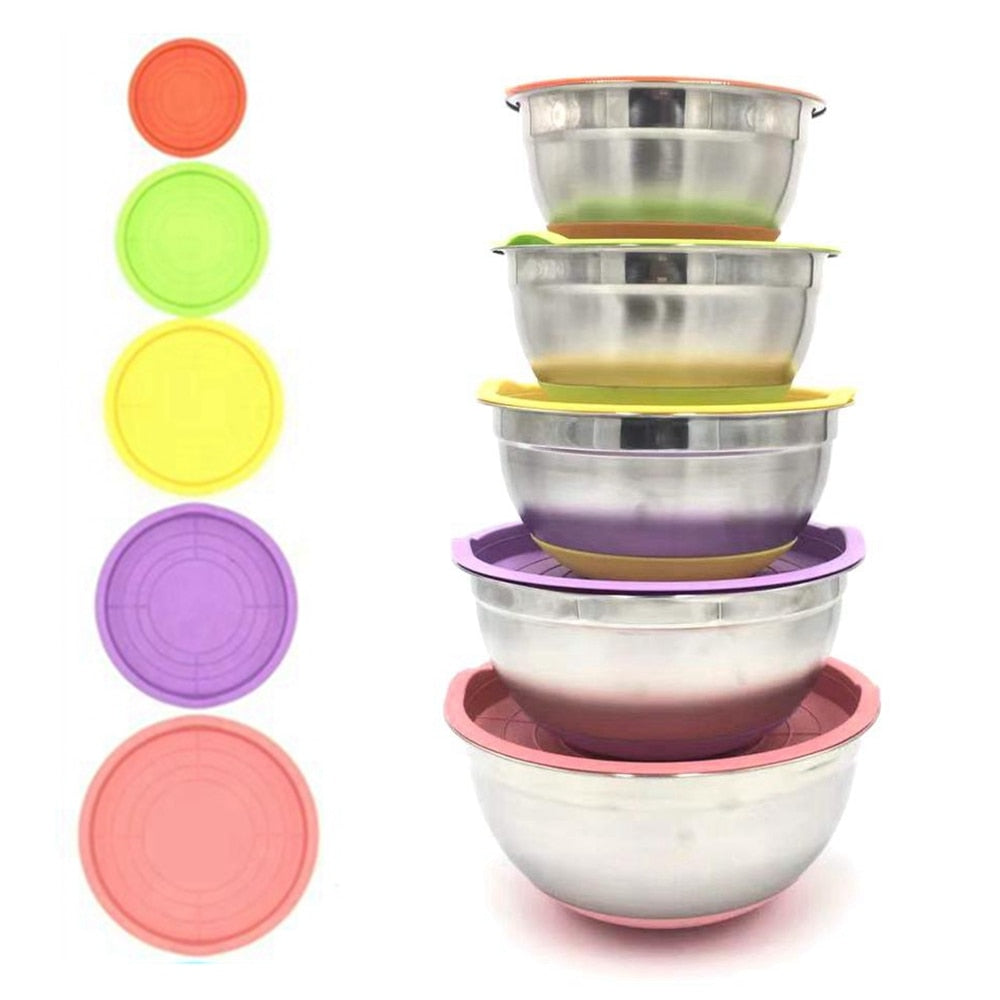 Colorful 304 Stainless Steel Salad Bowl With Lid Non-slip Silicone Bottom Kitchen Egg Mixing Bowls Set For Cooking Baking