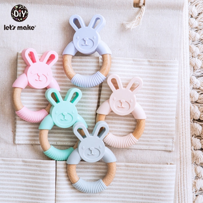 Let's Make 1pc Baby Silicone Teether Cartoon Elephant Teething Toy Beech Wood Ring Infant Comfort Toys Baby Teether